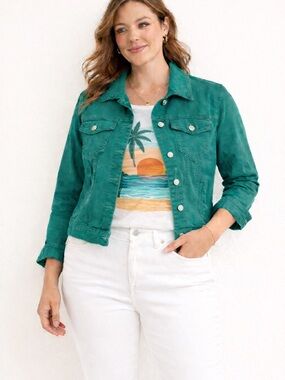 Curve Appeal Green Denim Jacket Size Medium Stretch Trucker Jacket Cropped Fit